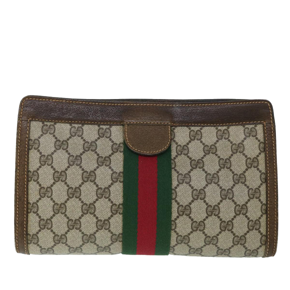 GUCCI GG Canvas Web Sherry Line Clutch Bag PVC Leather Beige Green Auth 54839 - Picture 13 of 16
